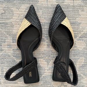 Zara Black and Tan Woven Women's Pointed Toe Flats